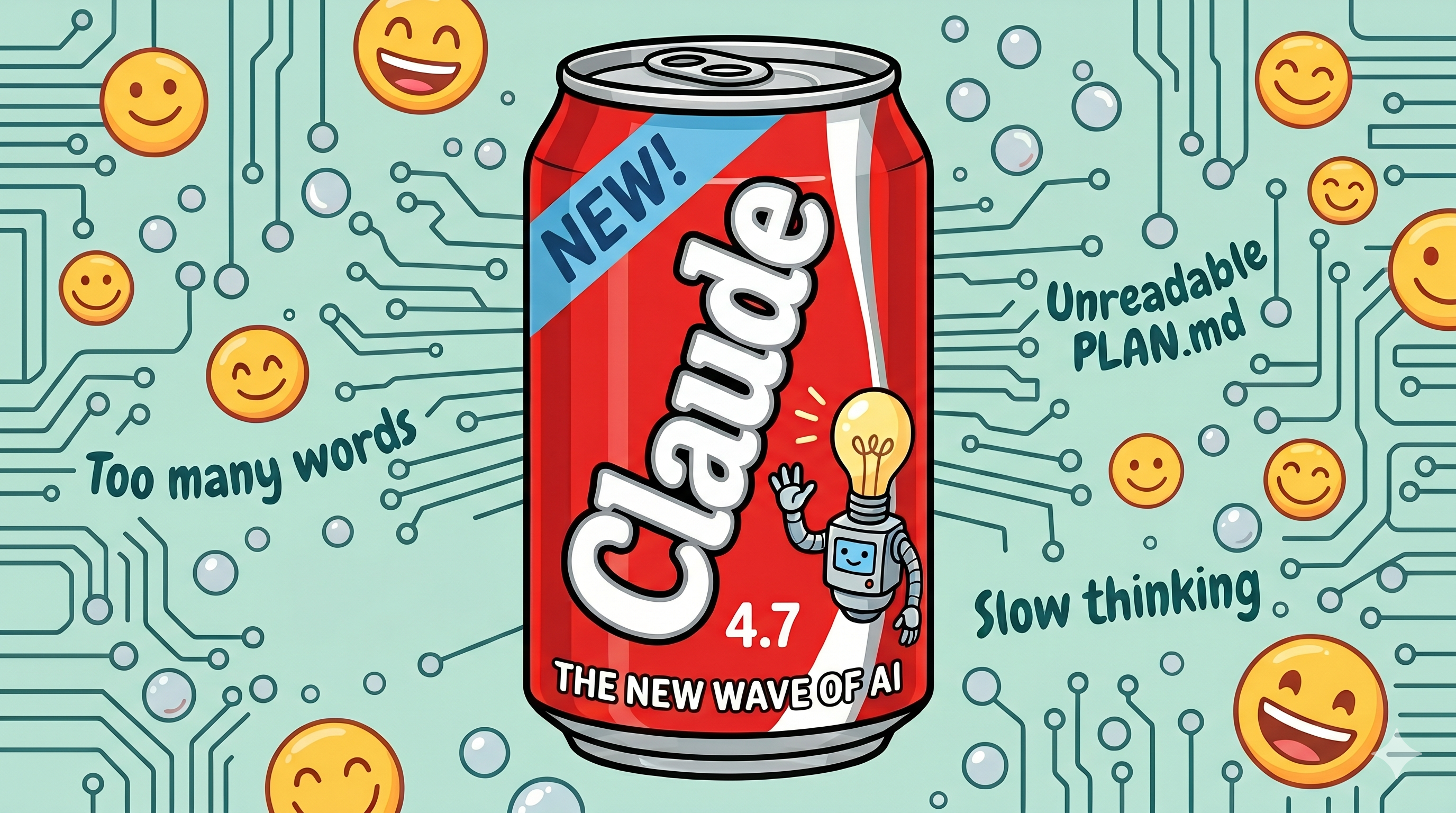 A New Claude soda can in the style of New Coke, surrounded by circuits, smiley faces, and labels reading "Too many words," "Unreadable PLAN.md," and "Slow thinking"