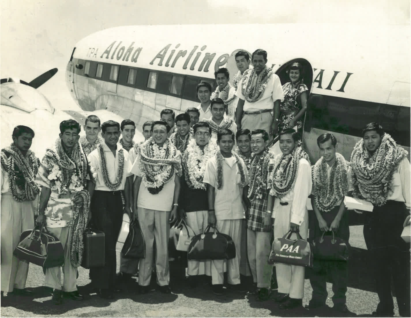 My father (second from left in back row) shipping off with his U.S. Army unit, all from Hawaii.